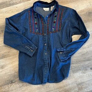Casey & Max Blue Denim Shirt with Colorful Embroidery sz s